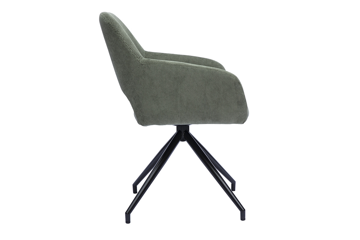 Chaise pivotante 360� en tissu velours c�tel� vert kaki et m�tal noir LAURETTE