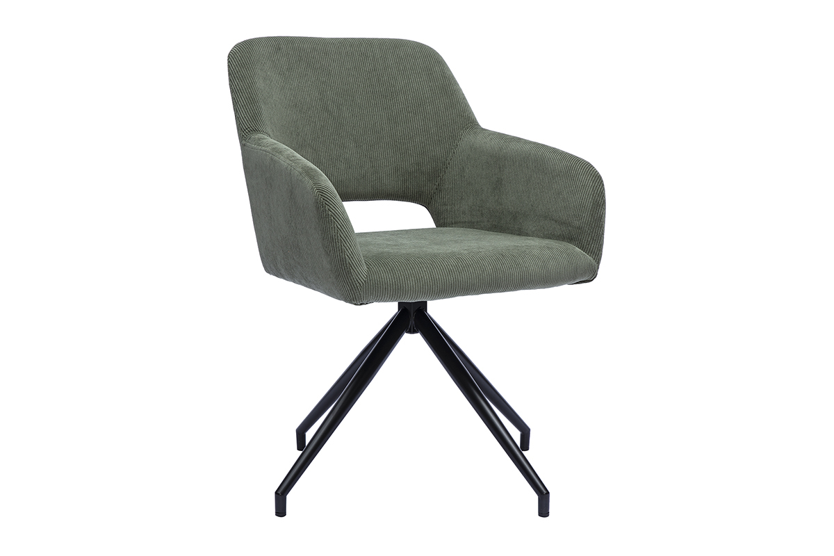 Chaise pivotante 360� en tissu velours c�tel� vert kaki et m�tal noir LAURETTE
