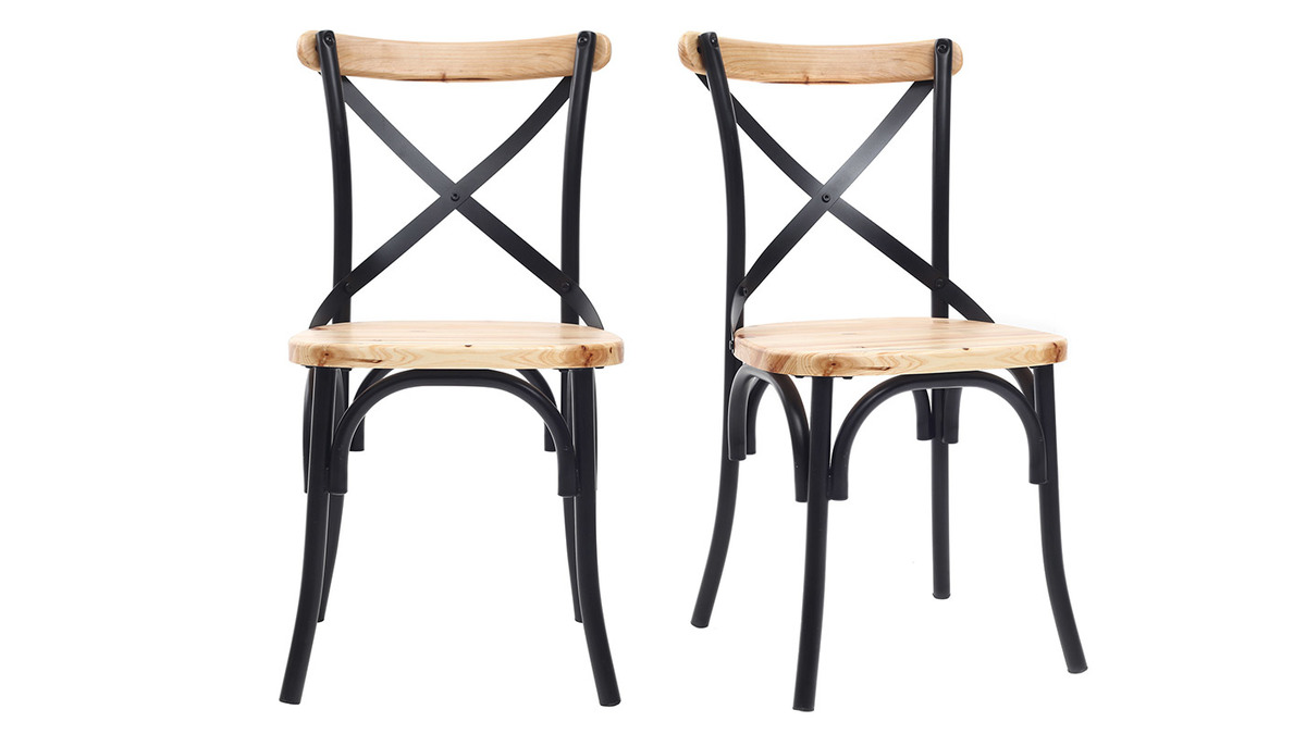 Chaises bistrot bois clair massif et mtal noir (lot de 2) JAKE