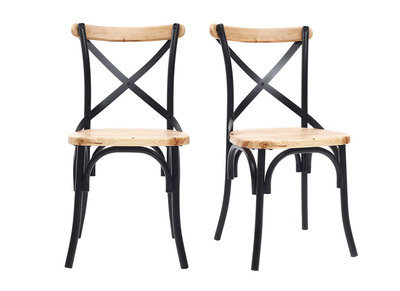 Chaises bistrot bois clair massif et métal noir (lot de 2) JAKE