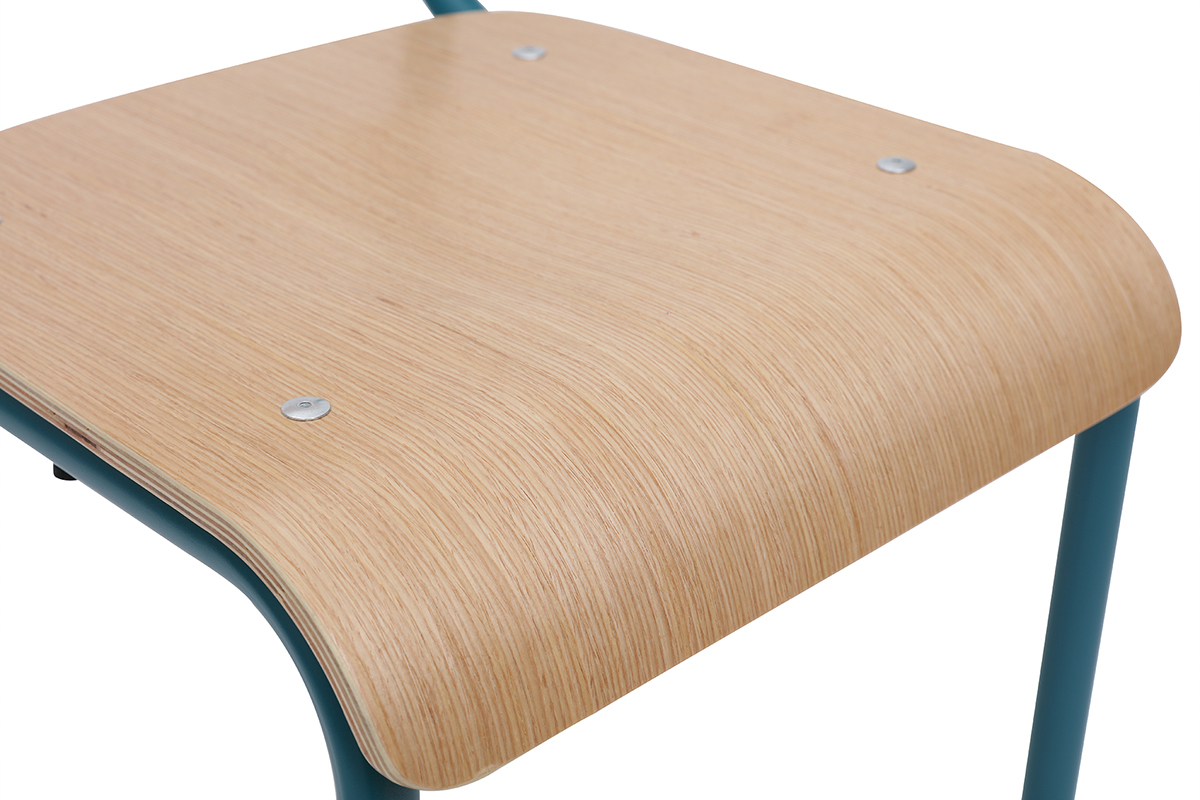 Chaises d'�coliers empilables en m�tal bleu canard et bois clair (lot de 2) SCHOOL