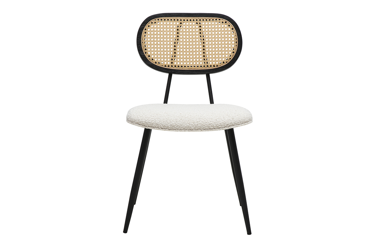 Chaises design en tissu effet laine boucl�e blanc, m�tal noir et cannage rotin (lot de 2) SWANN