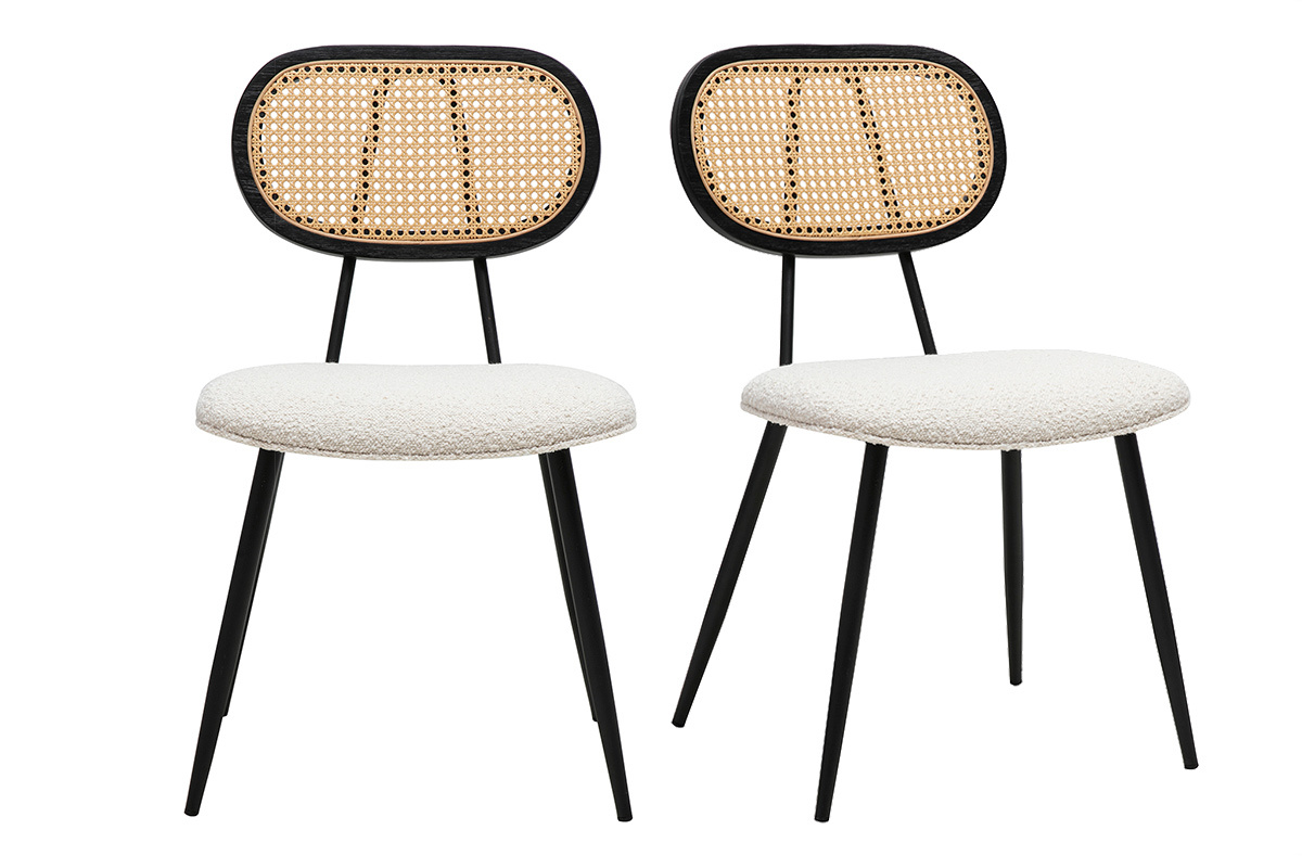 Chaises design en tissu effet laine boucl�e blanc, m�tal noir et cannage rotin (lot de 2) SWANN