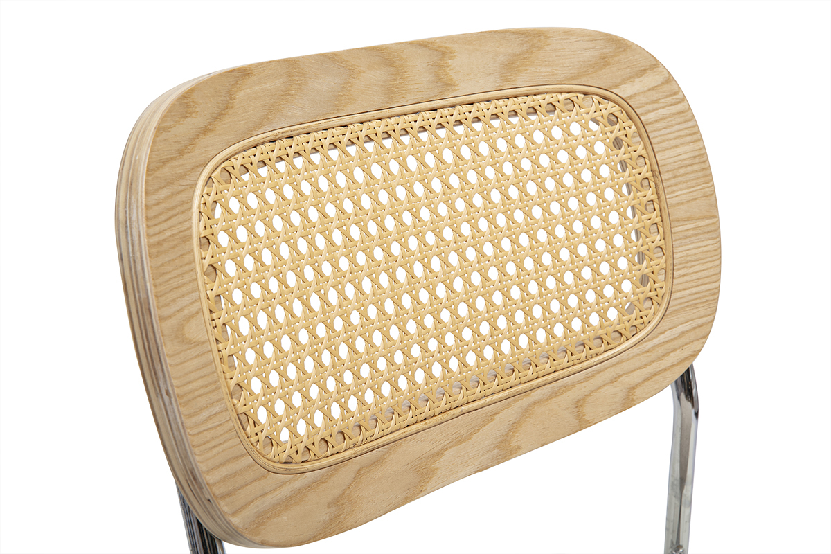 Chaises design en tissu effet velours textur beige, mtal chrom et cannage rotin (lot de 2) MIRANDA