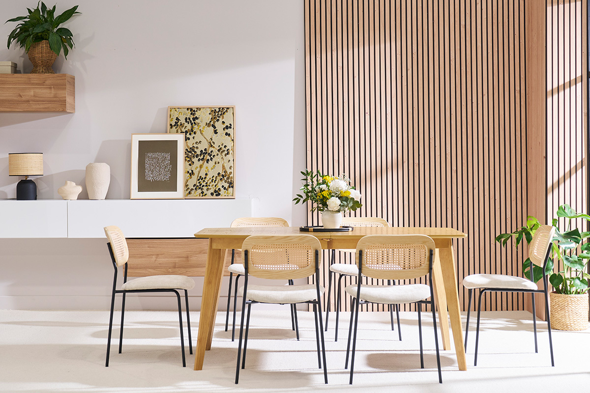 Chaises design en tissu effet velours textur beige, mtal chrom et cannage rotin (lot de 2) MIRANDA