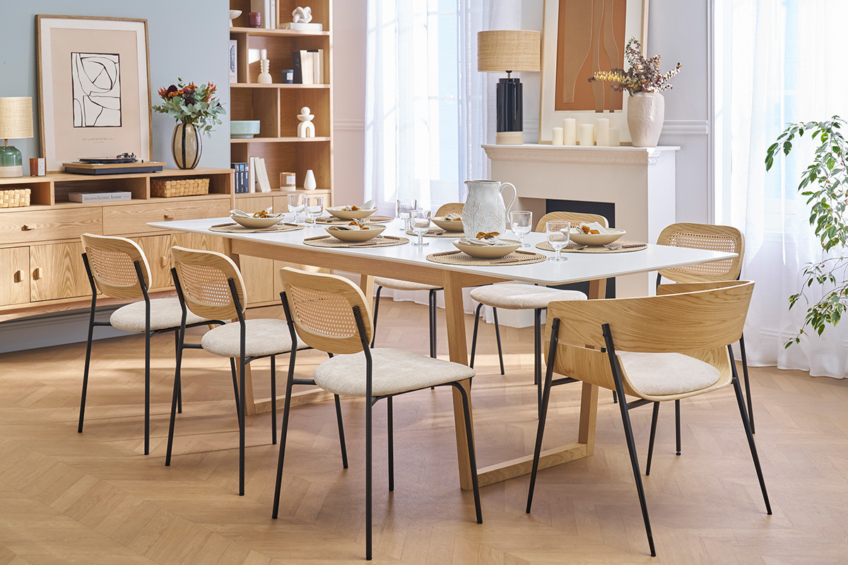 Chaises design en tissu effet velours textur beige, mtal noir et cannage rotin (lot de 2) MIRANDA