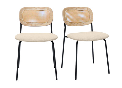 Chaises design en tissu effet velours texturé beige, métal noir et cannage rotin (lot de 2) MIRANDA
