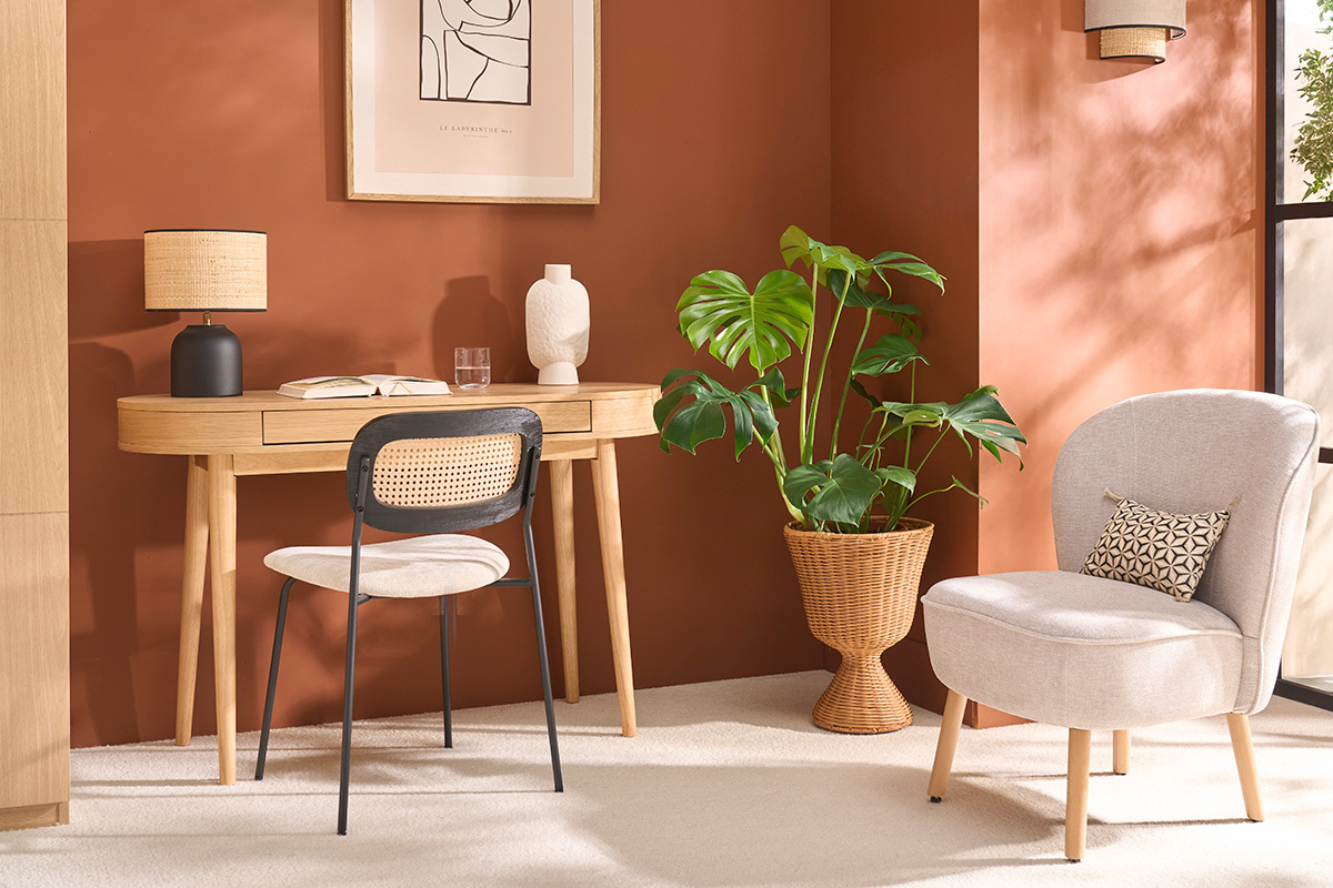 Chaises design en tissu effet velours textur beige, mtal noir et cannage rotin (lot de 2) MIRANDA