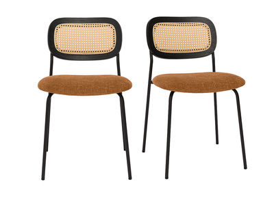 Chaises design en tissu effet velours texturé terre brulée, métal noir et cannage rotin (lot de 2) MIRANDA