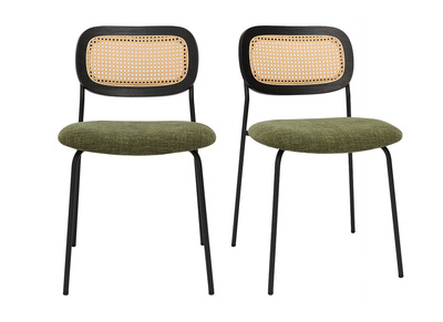 Chaises design en tissu effet velours texturé vert kaki, métal noir et cannage rotin (lot de 2) MIRANDA
