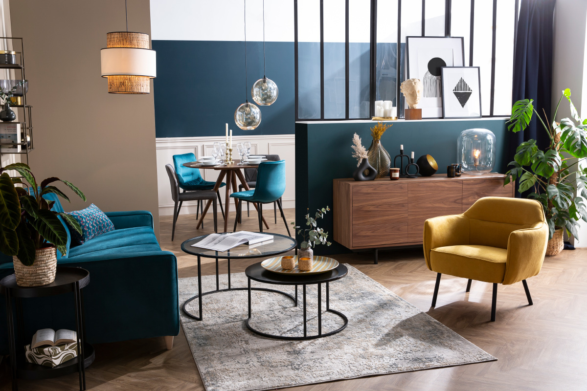 Chaises design en tissu velours bleu ptrole et mtal noir (lot de 2) PARKER