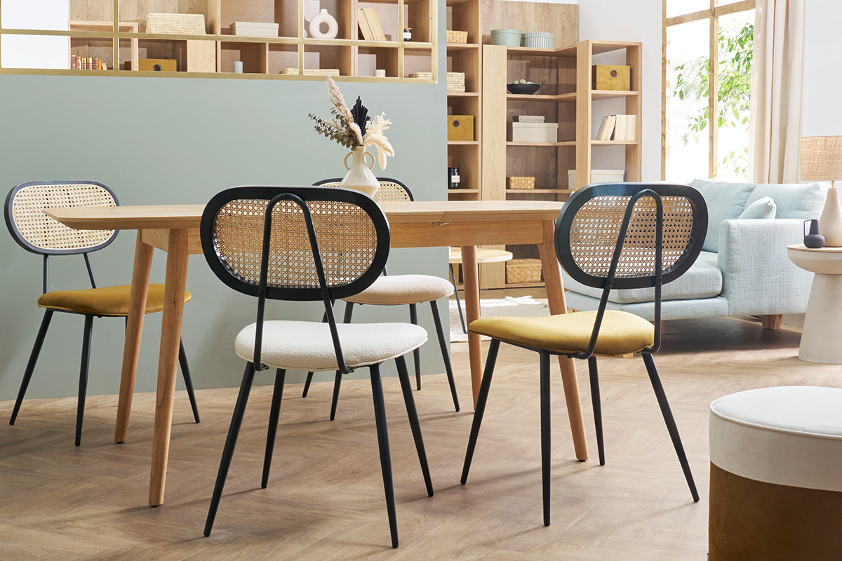 Chaises design en tissu velours bronze, m�tal noir et cannage rotin (lot de 2) SWANN
