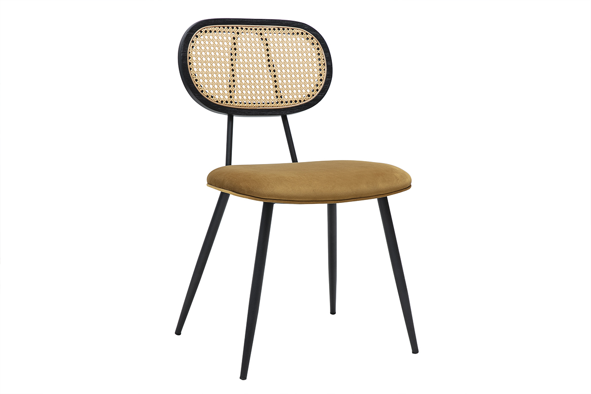 Chaises design en tissu velours bronze, m�tal noir et cannage rotin (lot de 2) SWANN