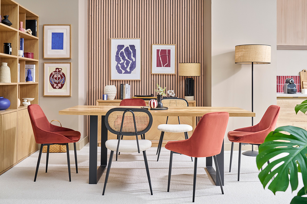 Chaises design en tissu velours rouge tomette et m�tal noir (lot de 2) HOLO