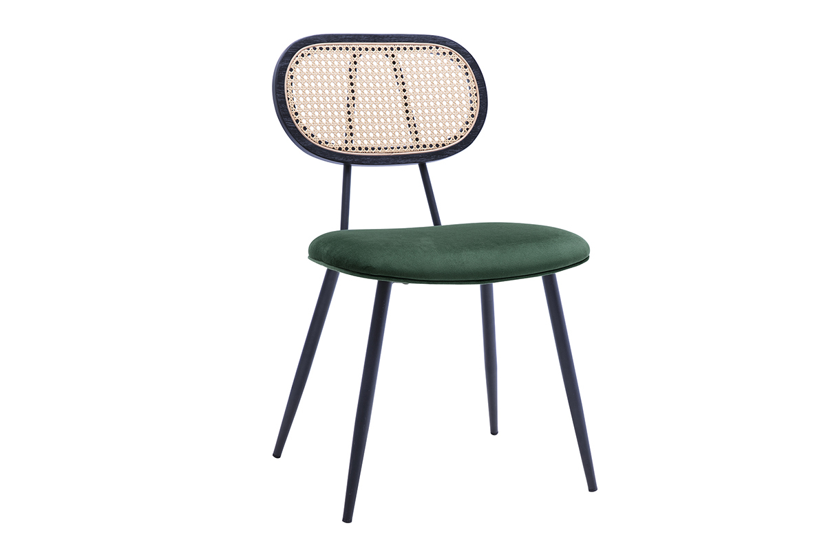 Chaises design en tissu velours vert fonc, mtal noir et cannage rotin (lot de 2) SWANN