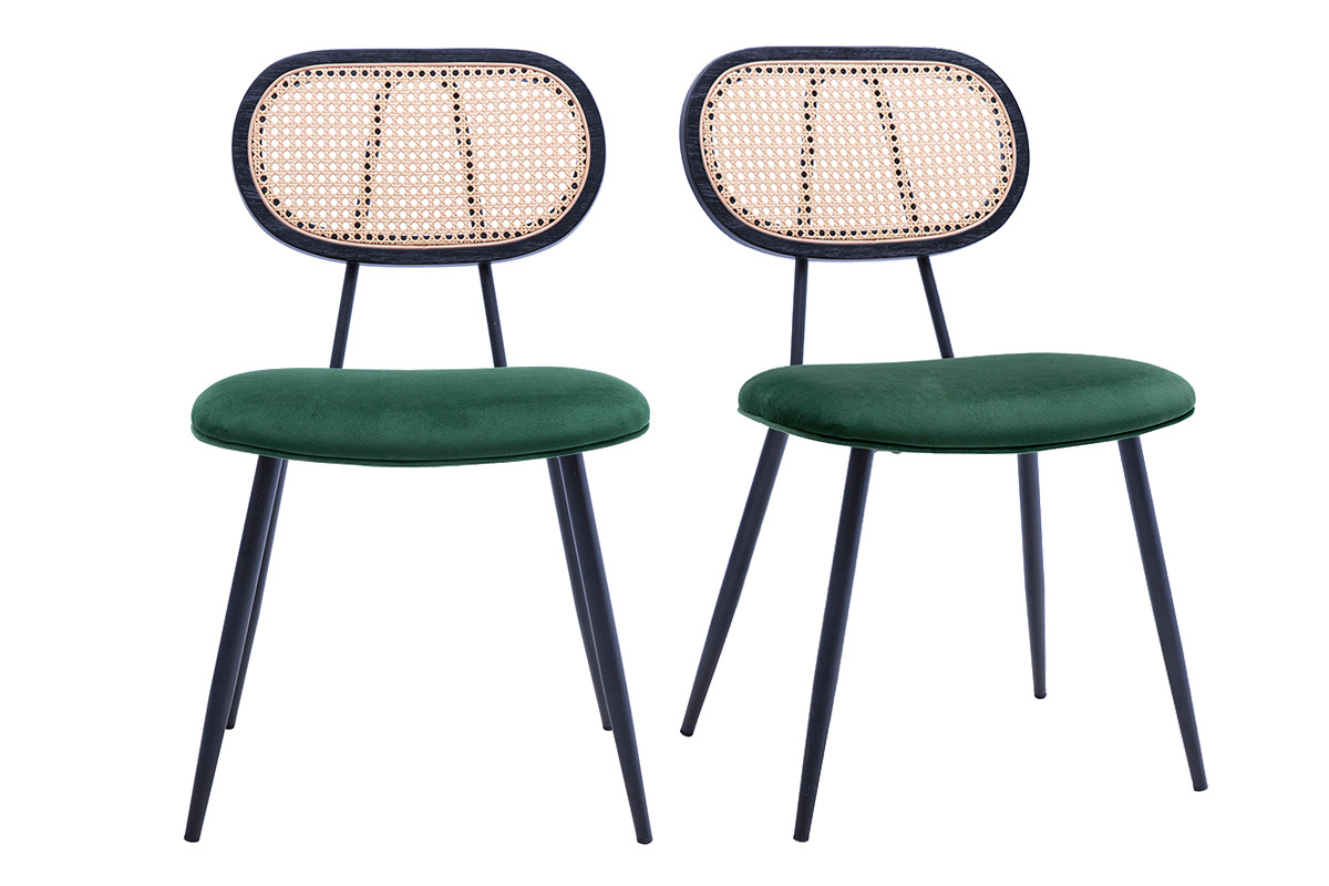 Chaises design en tissu velours vert fonc, mtal noir et cannage rotin (lot de 2) SWANN