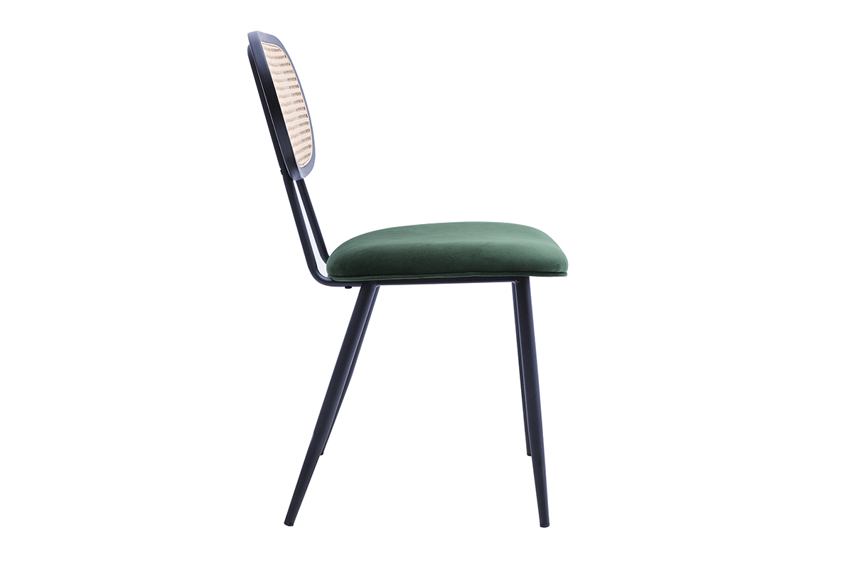 Chaises design en tissu velours vert fonc, mtal noir et cannage rotin (lot de 2) SWANN