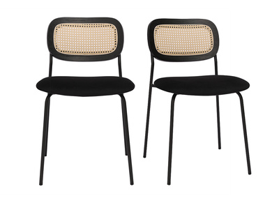Chaises design en velours noir, métal noir et cannage rotin (lot de 2) MIRANDA