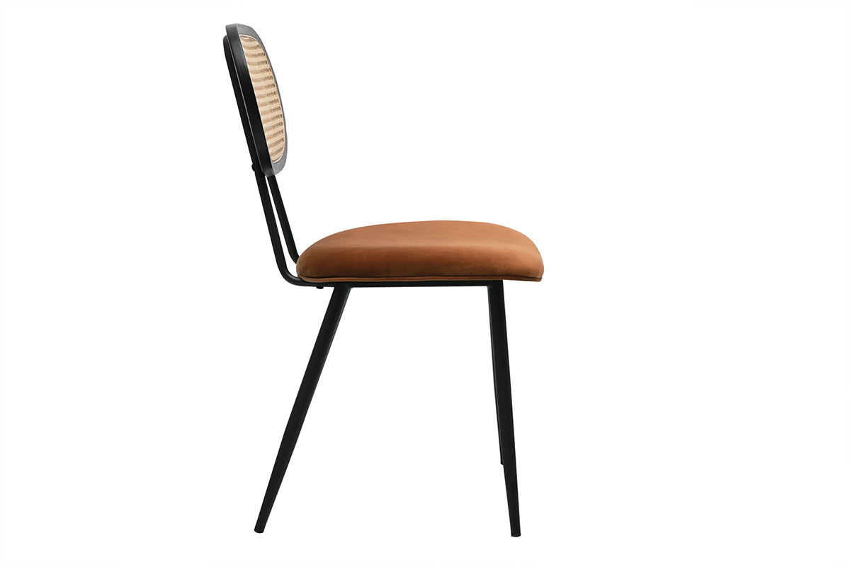 Chaises design en velours terre br�l�e, m�tal noir et cannage rotin (lot de 2) SWANN