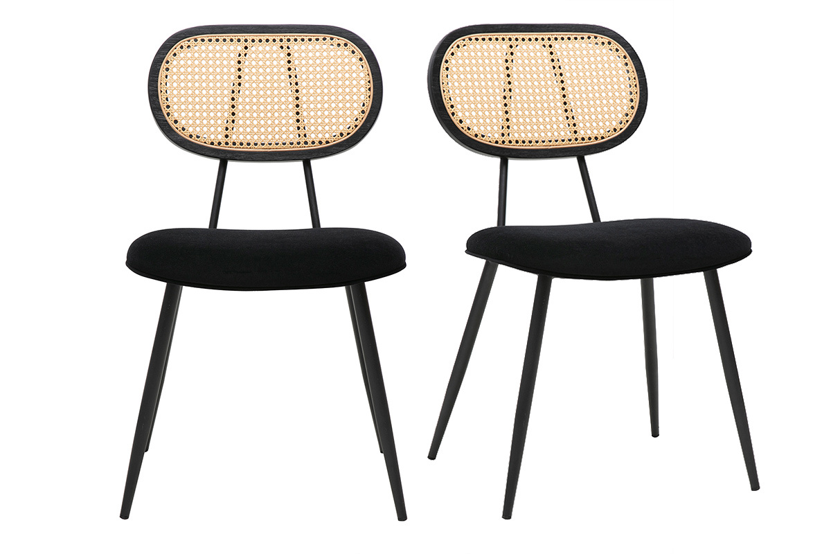 Chaises design noires en tissu velours, m�tal et cannage rotin (lot de 2) SWANN