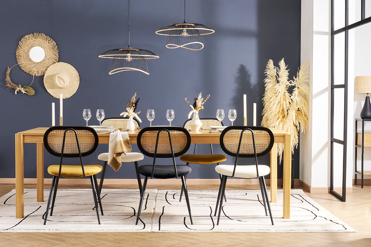 Chaises design noires en tissu velours, m�tal et cannage rotin (lot de 2) SWANN