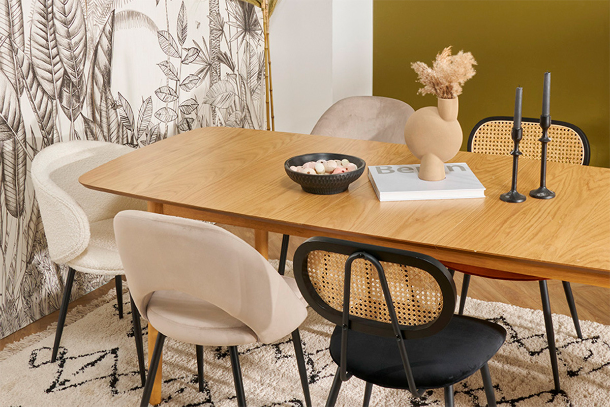 Chaises design noires en tissu velours, m�tal et cannage rotin (lot de 2) SWANN