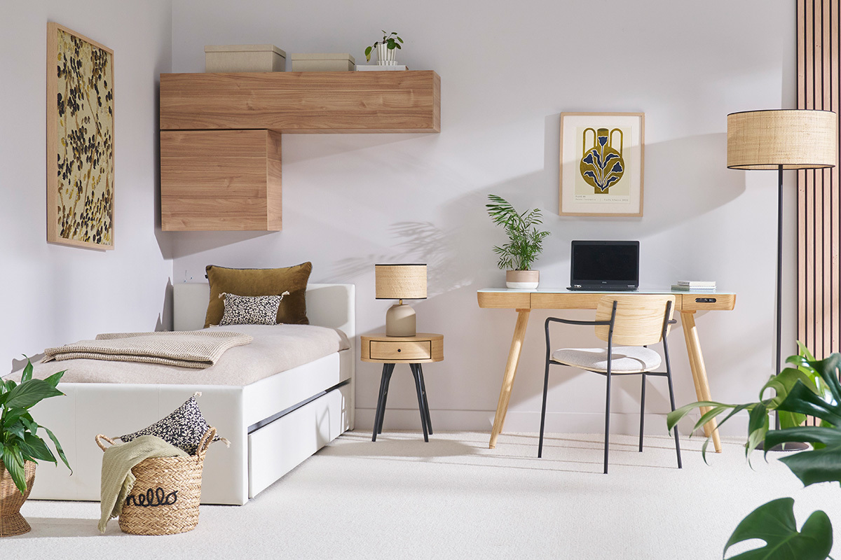 Chaises en bois clair chêne, tissu effet velours texturé beige et métal noir (lot de 2) SUSAN