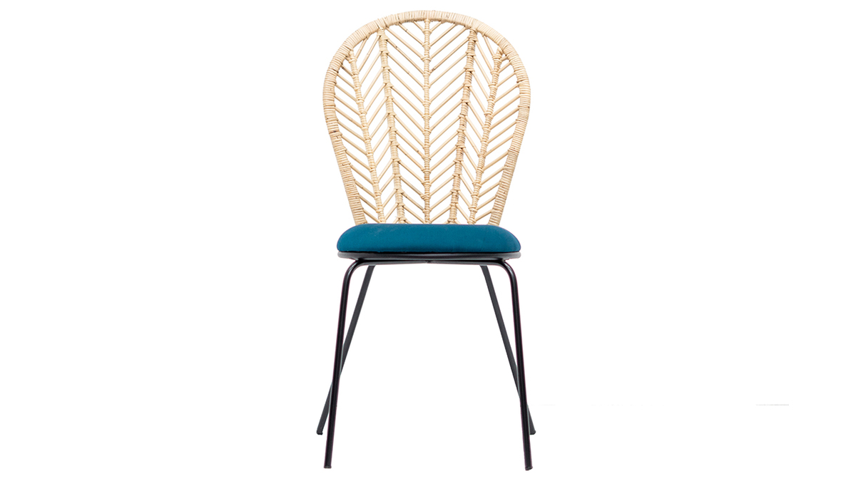 Chaises en rotin, tissu bleu ptrole et mtal noir (lot de 2) PEACOCK