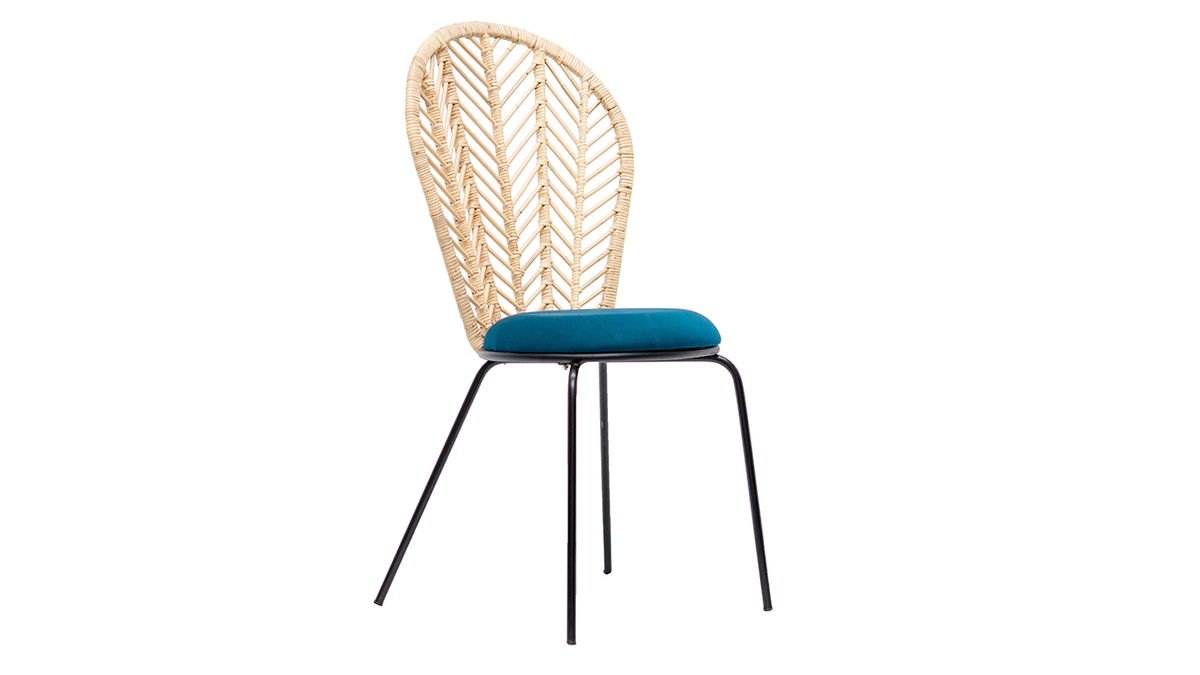 Chaises en rotin, tissu bleu ptrole et mtal noir (lot de 2) PEACOCK