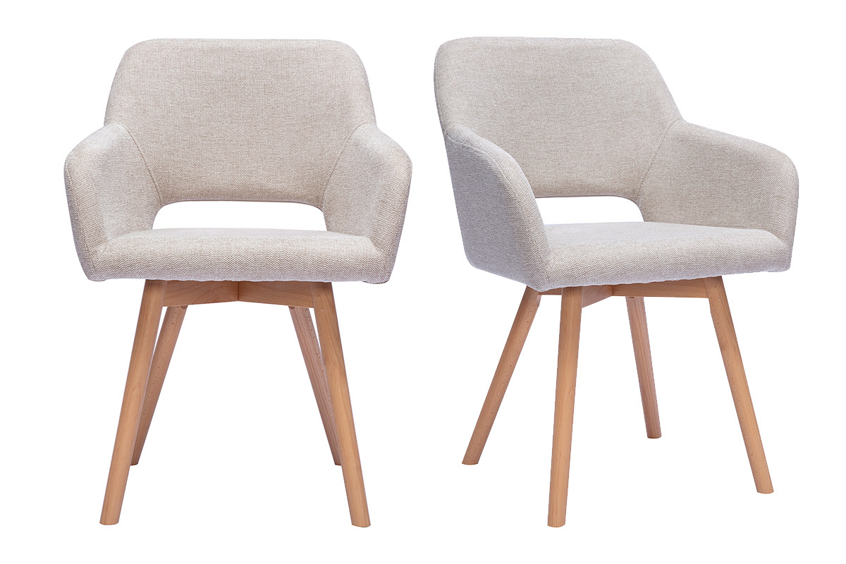 Chaises en tissu effet velours textur� beige et bois clair (lot de 2) LAURETTE