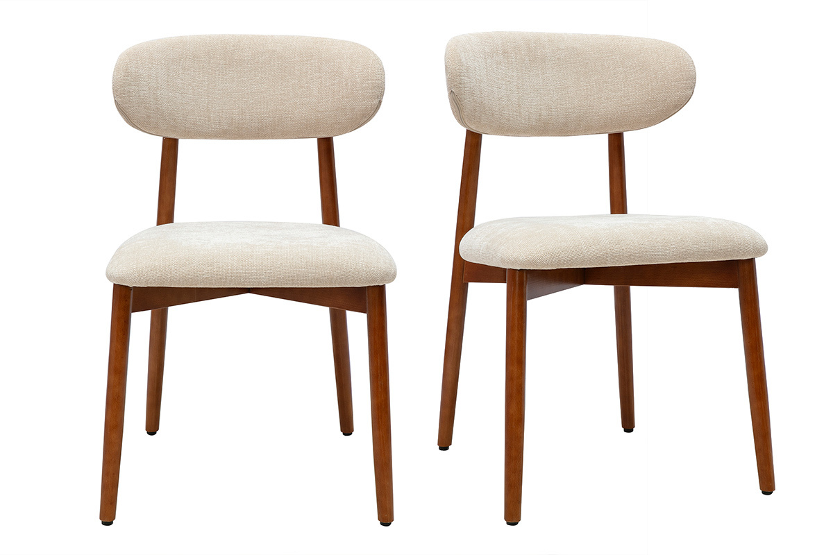 Chaises en tissu effet velours textur� beige et bois fonc� noyer (lot de 2) SIAME