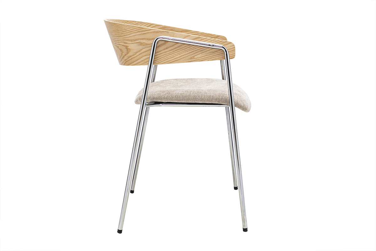 Chaises en tissu effet velours textur� taupe, bois clair et m�tal chrom� (lot de 2) FANELY