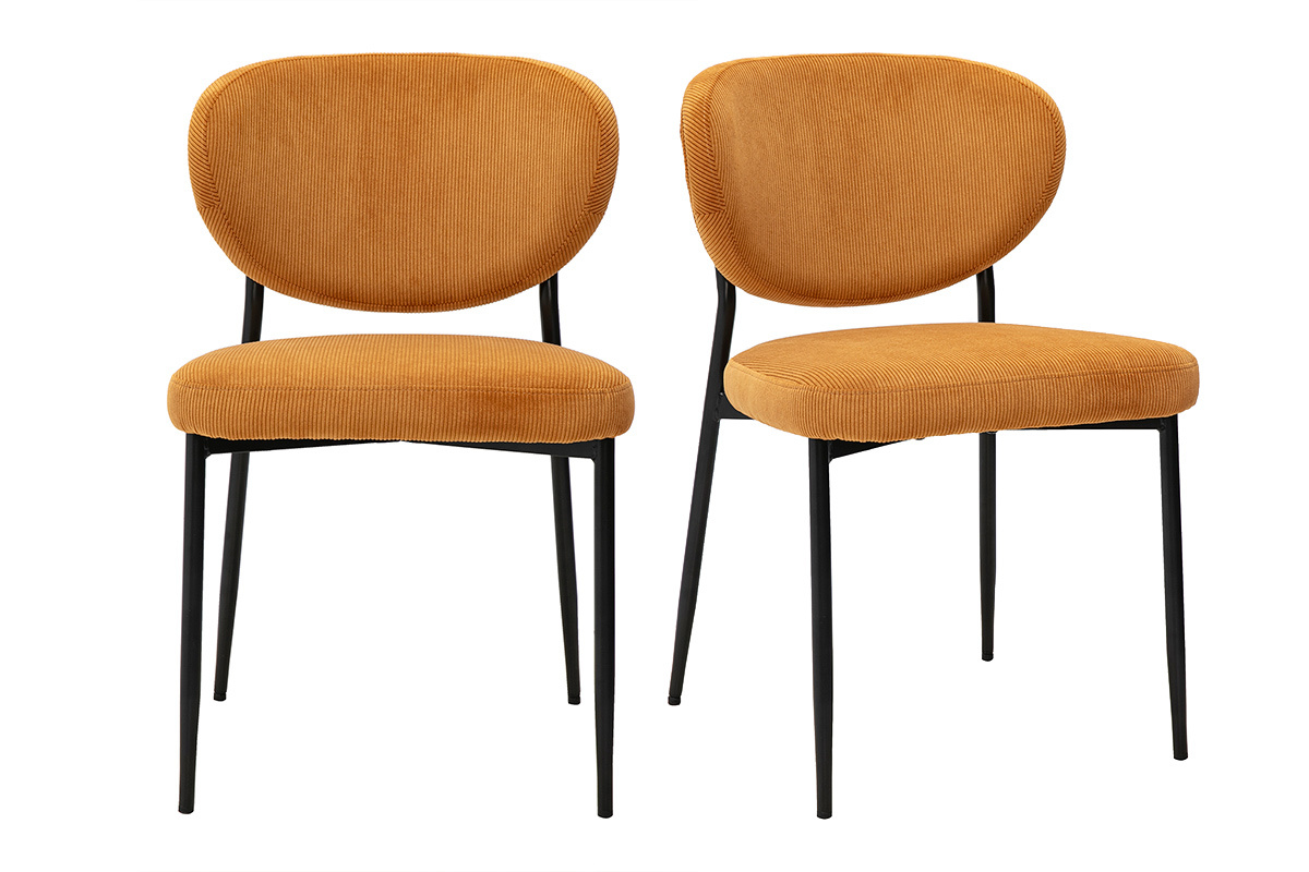 Chaises en tissu velours c�tel� jaune curry et m�tal noir (lot de 2) BREKA