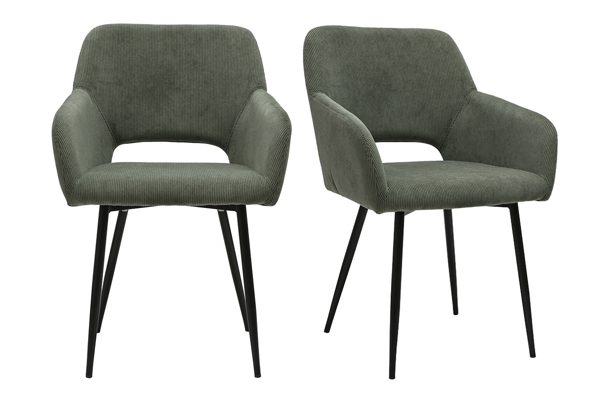 Chaises en tissu velours côtelé kaki et métal noir (lot de 2) LAURETTE