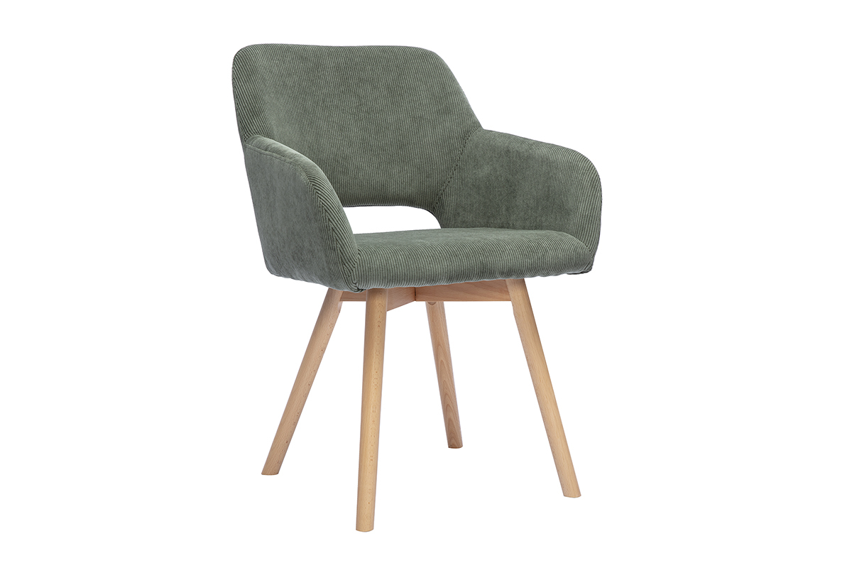 Chaises en tissu velours c�tel� vert kaki et bois clair (lot de 2) LAURETTE