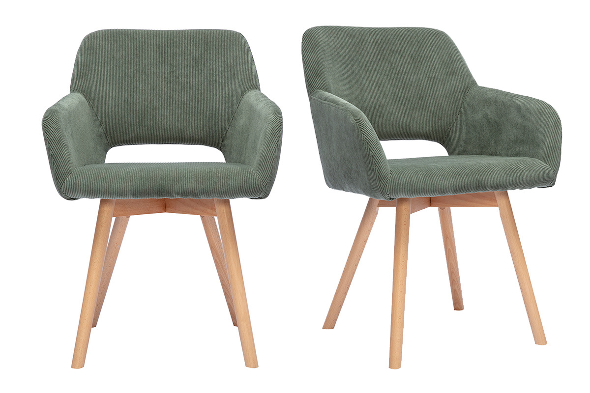 Chaises en tissu velours c�tel� vert kaki et bois clair (lot de 2) LAURETTE