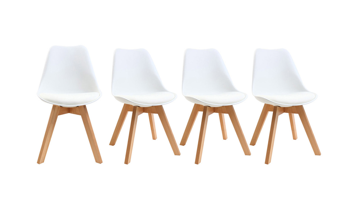 Chaises scandinaves blanc et bois clair massif (lot de 4) PAULINE