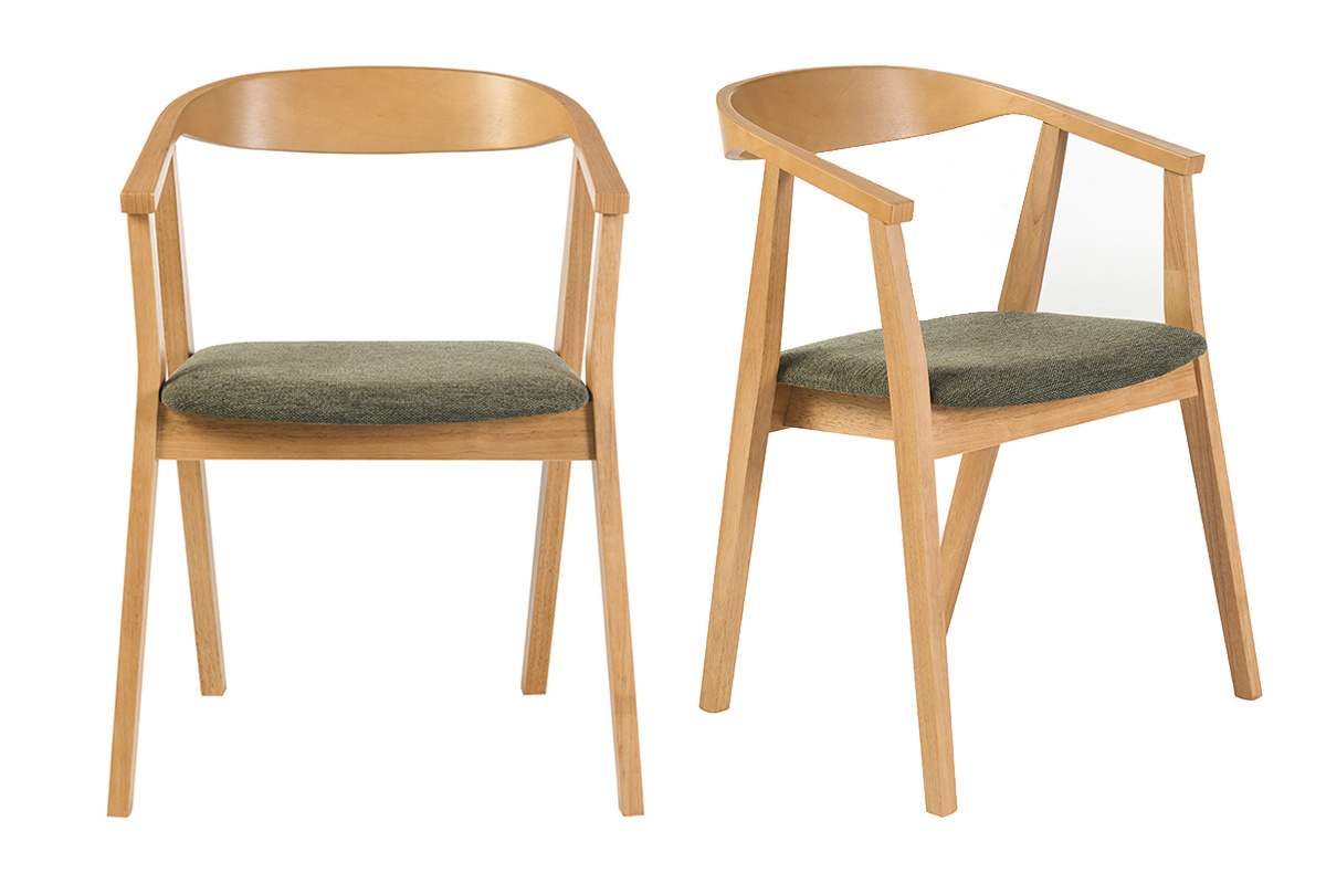 Chaises scandinaves bois clair et tissu effet velours textur� vert kaki (lot de 2) BAHIA