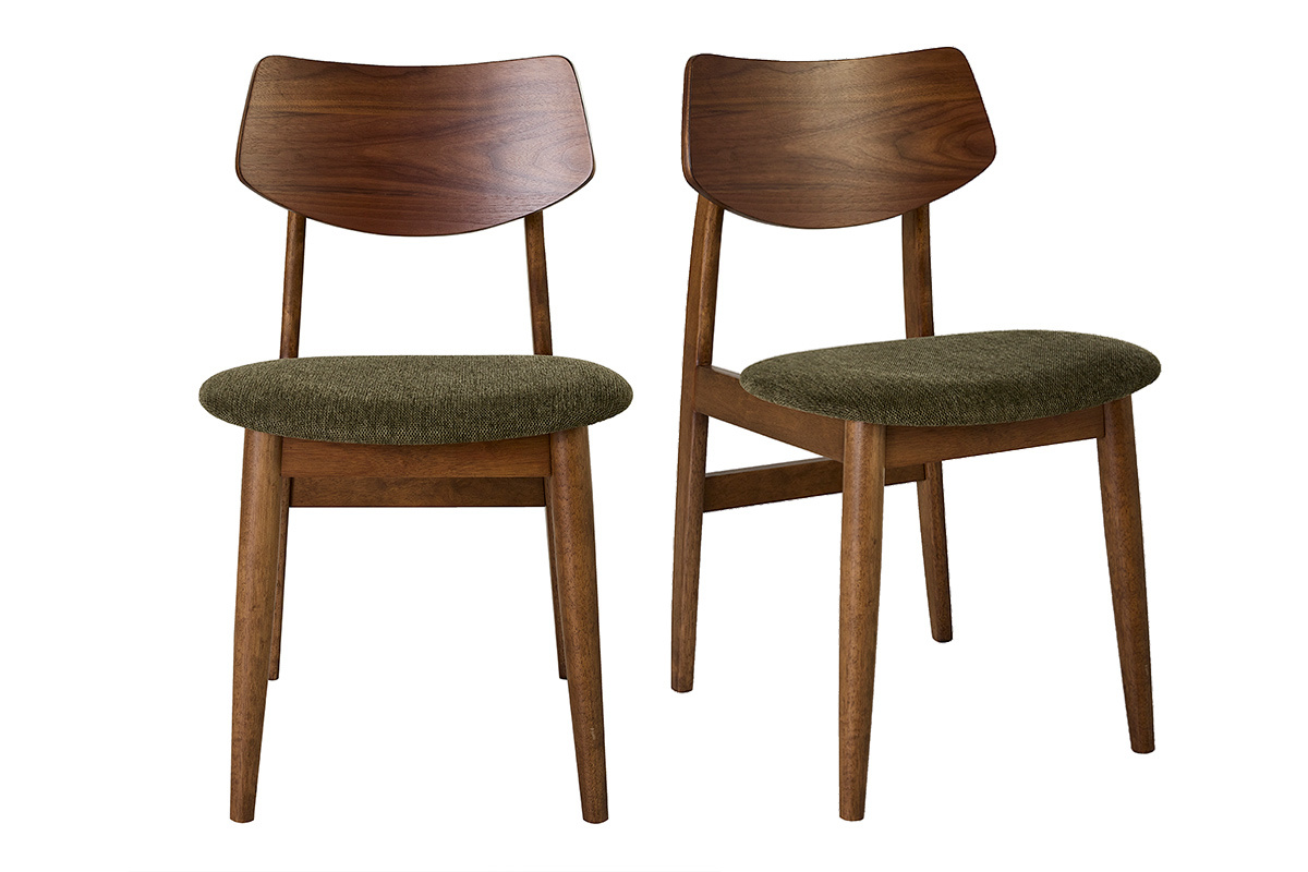 Chaises scandinaves en bois fonc� et tissu effet velours textur� vert kaki (lot de 2) ELION