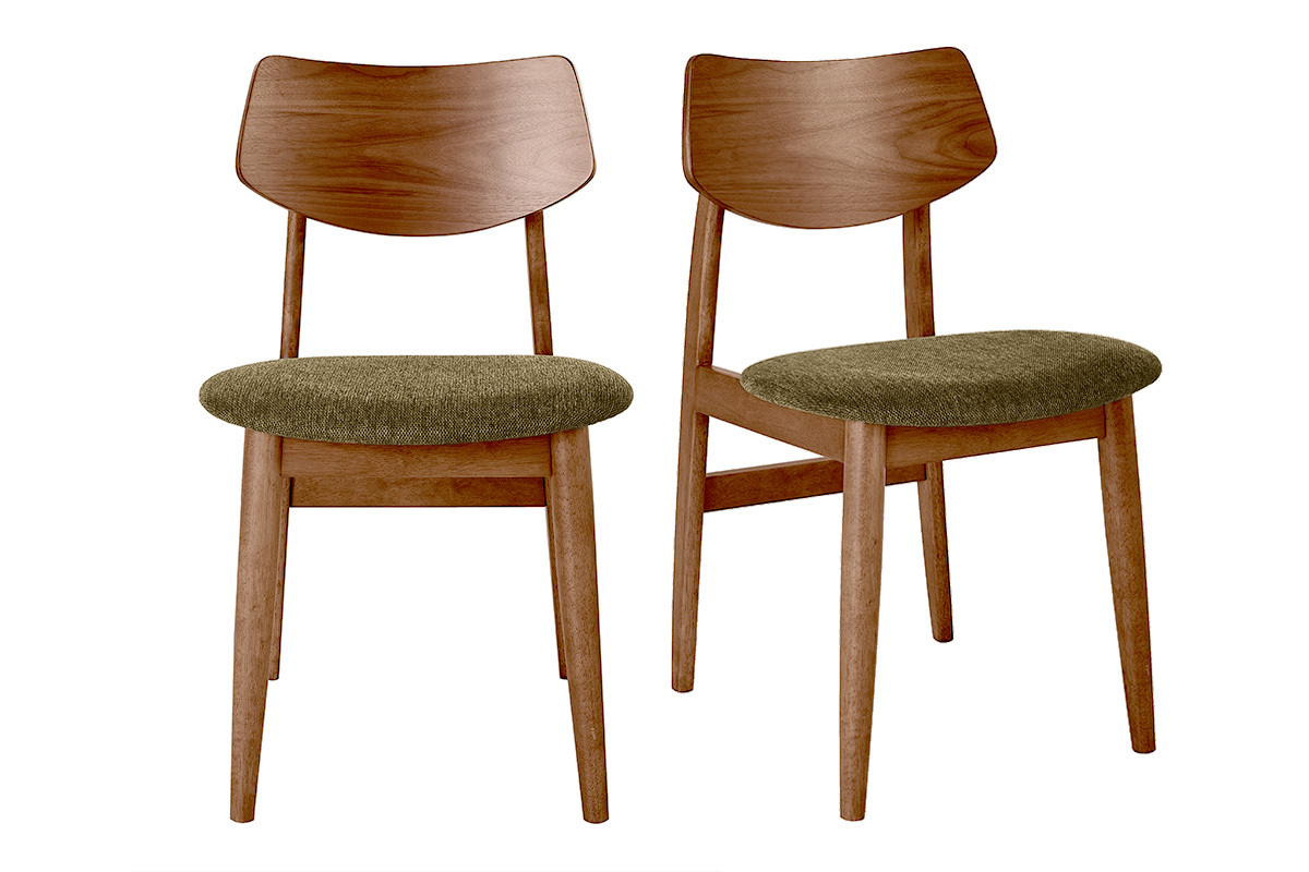 Chaises scandinaves en bois fonc� et tissu effet velours textur� vert kaki (lot de 2) ELION