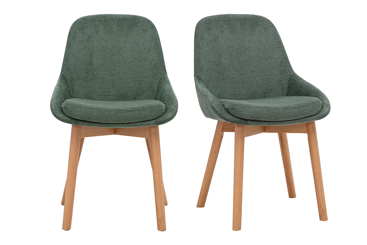 Chaises scandinaves en tissu chenille vert kaki et bois clair massif (lot de 2) HOLO