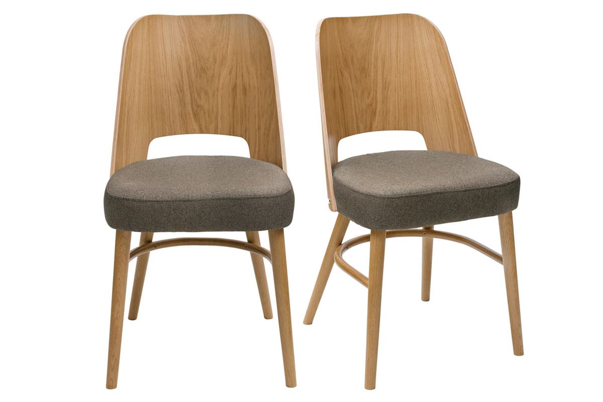 Chaises vintage bois clair chne et tissu marron (lot de 2) EDITO