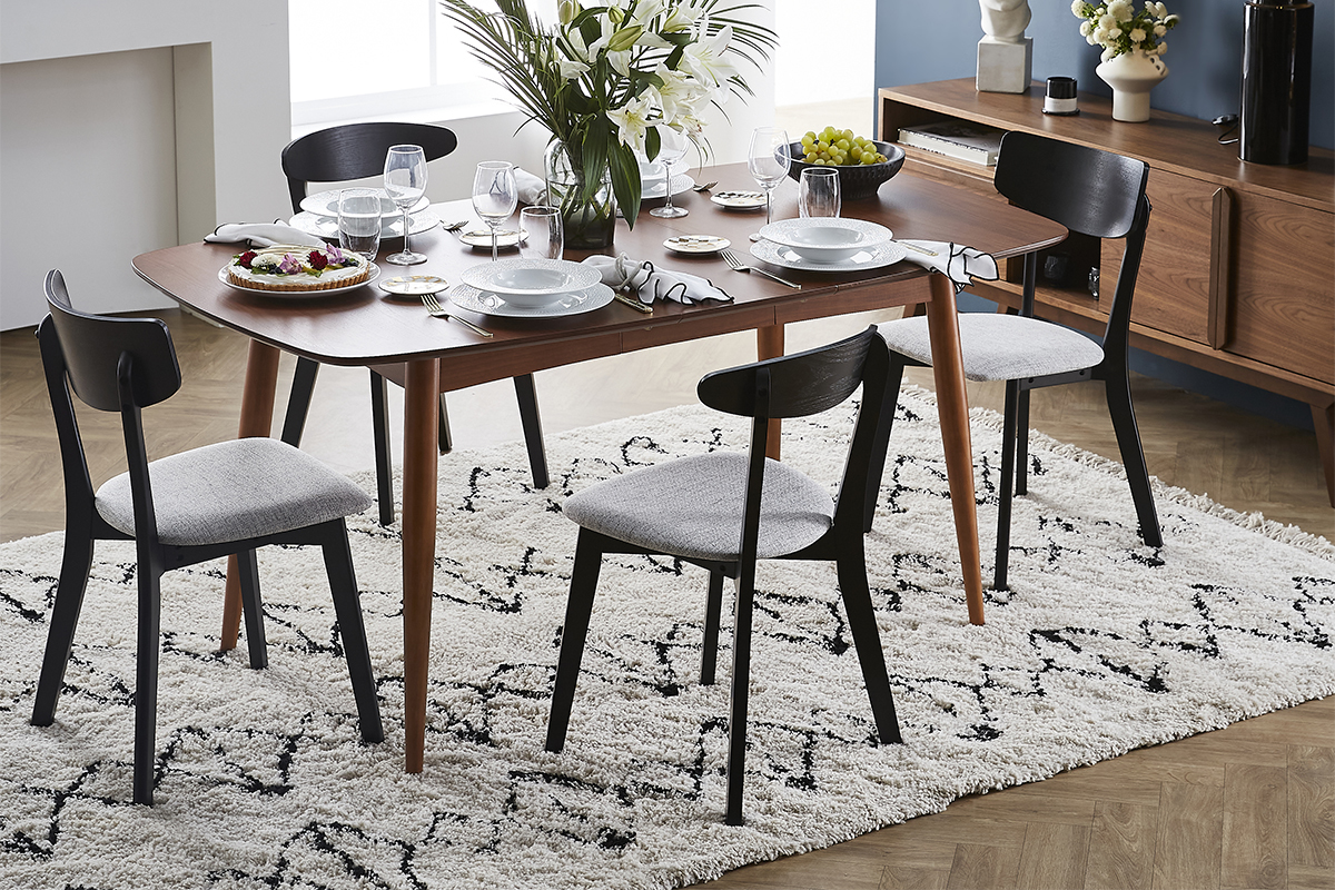 Chaises vintage bois noir et tissu gris clair (lot de 2) THEMA
