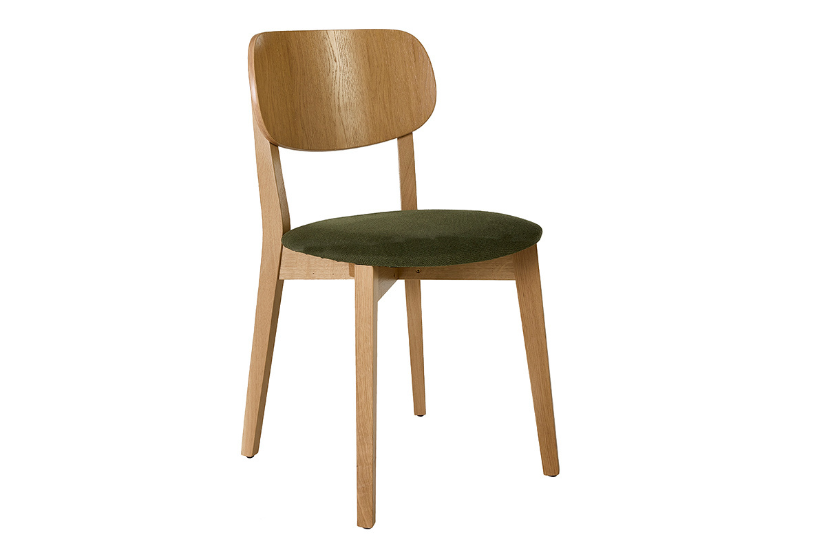 Chaises vintage en bois clair ch�ne et tissu effet velours textur� vert kaki (lot de 2) LUCIA