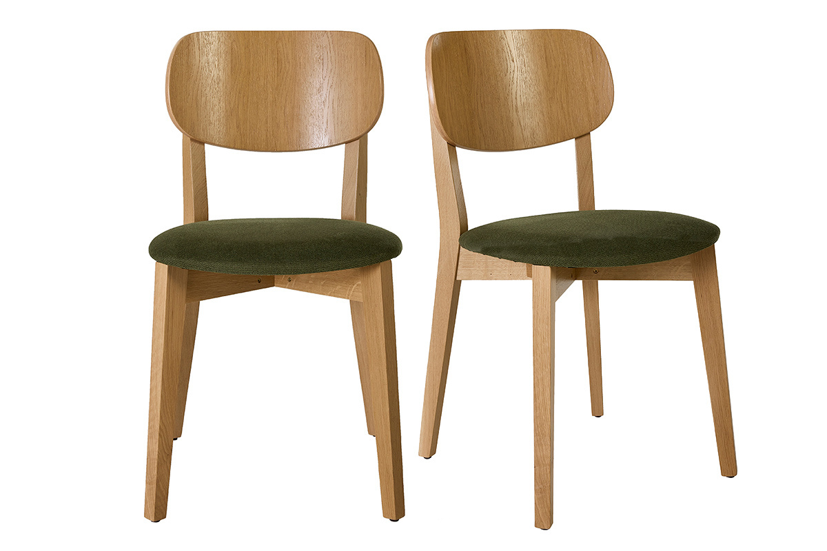 Chaises vintage en bois clair ch�ne et tissu effet velours textur� vert kaki (lot de 2) LUCIA