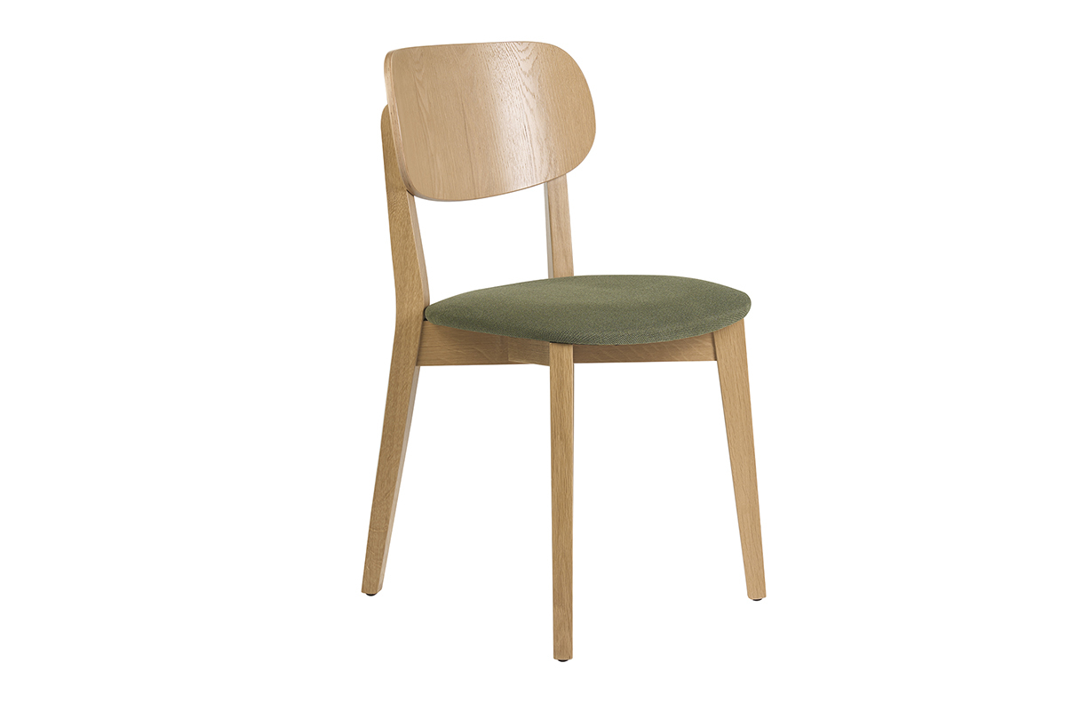 Chaises vintage en bois clair ch�ne et tissu effet velours textur� vert kaki (lot de 2) LUCIA