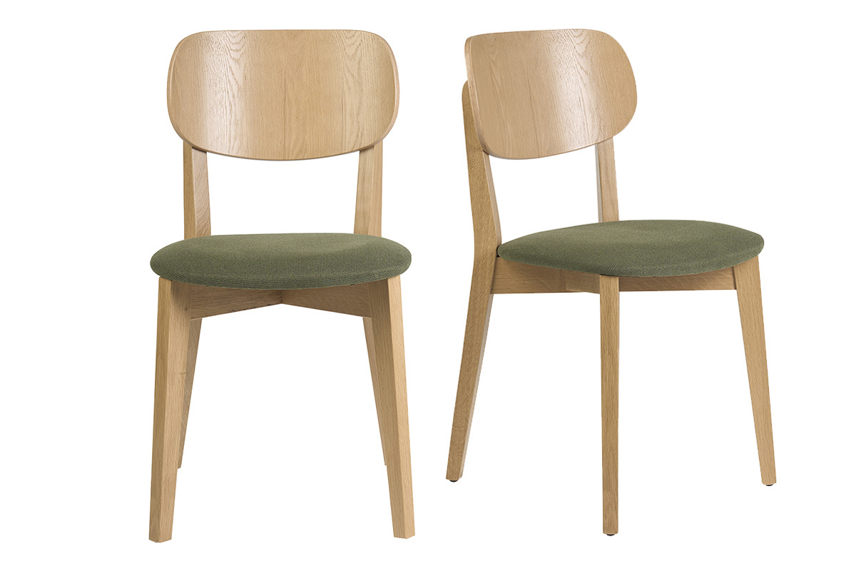Chaises vintage en bois clair ch�ne et tissu effet velours textur� vert kaki (lot de 2) LUCIA