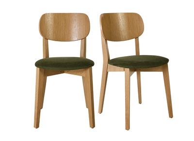 Chaises vintage en bois clair ch&ecirc;ne et tissu effet velours textur&eacute; vert kaki (lot de 2) LUCIA