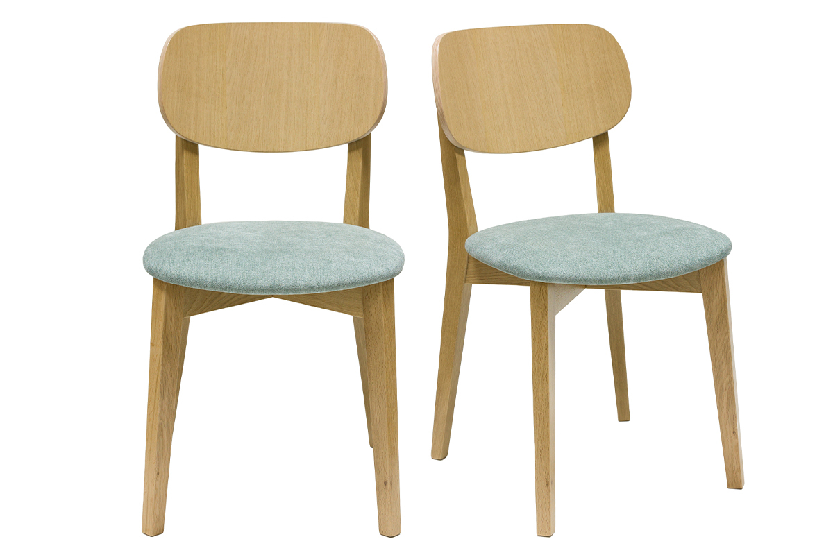 Chaises vintage en bois clair chêne et tissu effet velours vert céladon (lot de 2) LUCIA