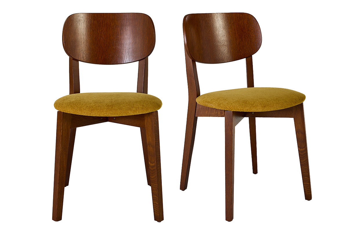 Chaises vintage en bois fonc� ch�ne et tissu effet velours jaune moutarde (lot de 2) LUCIA